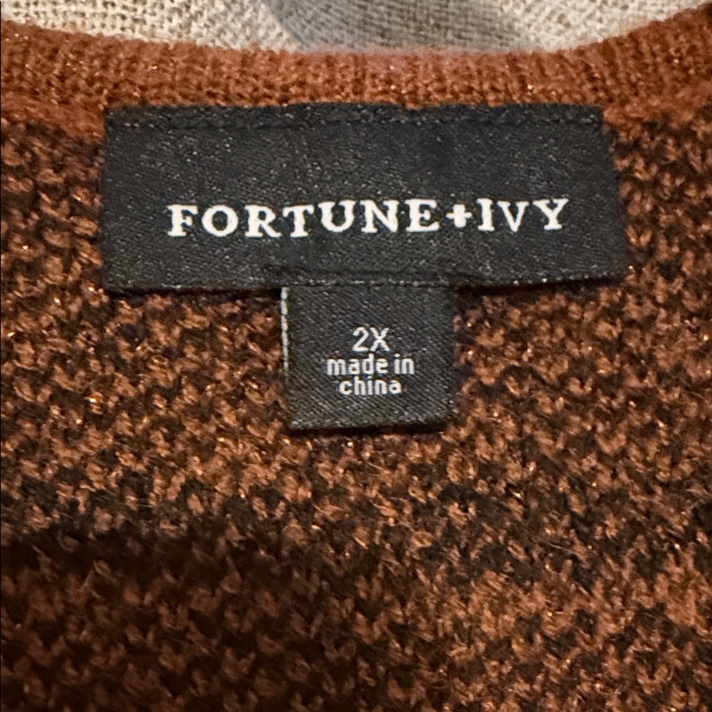 FORTUNE + IVY Brown Grid Pattern Long Cardigan 2X - Picture 2 of 3
